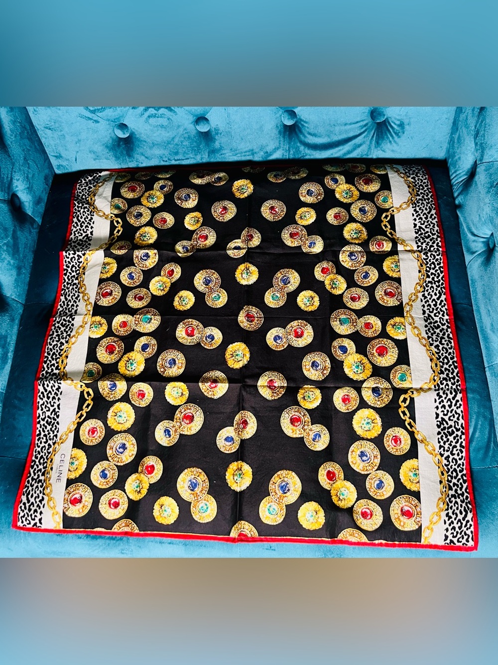 Celine Black & White Silk Bandanna with Gold, Red, Blue & Green Medallions EUC